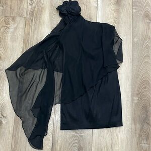 Jessica McClintock Black One Shoulder Dress with Attached Cape